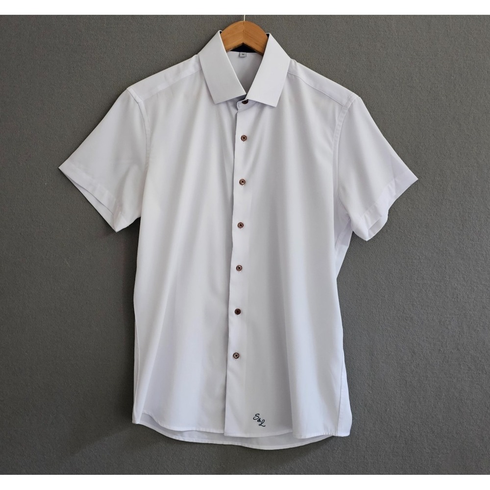 State & Liberty Mens M Performance Short Sleeve Button Up Shirt White Stretch